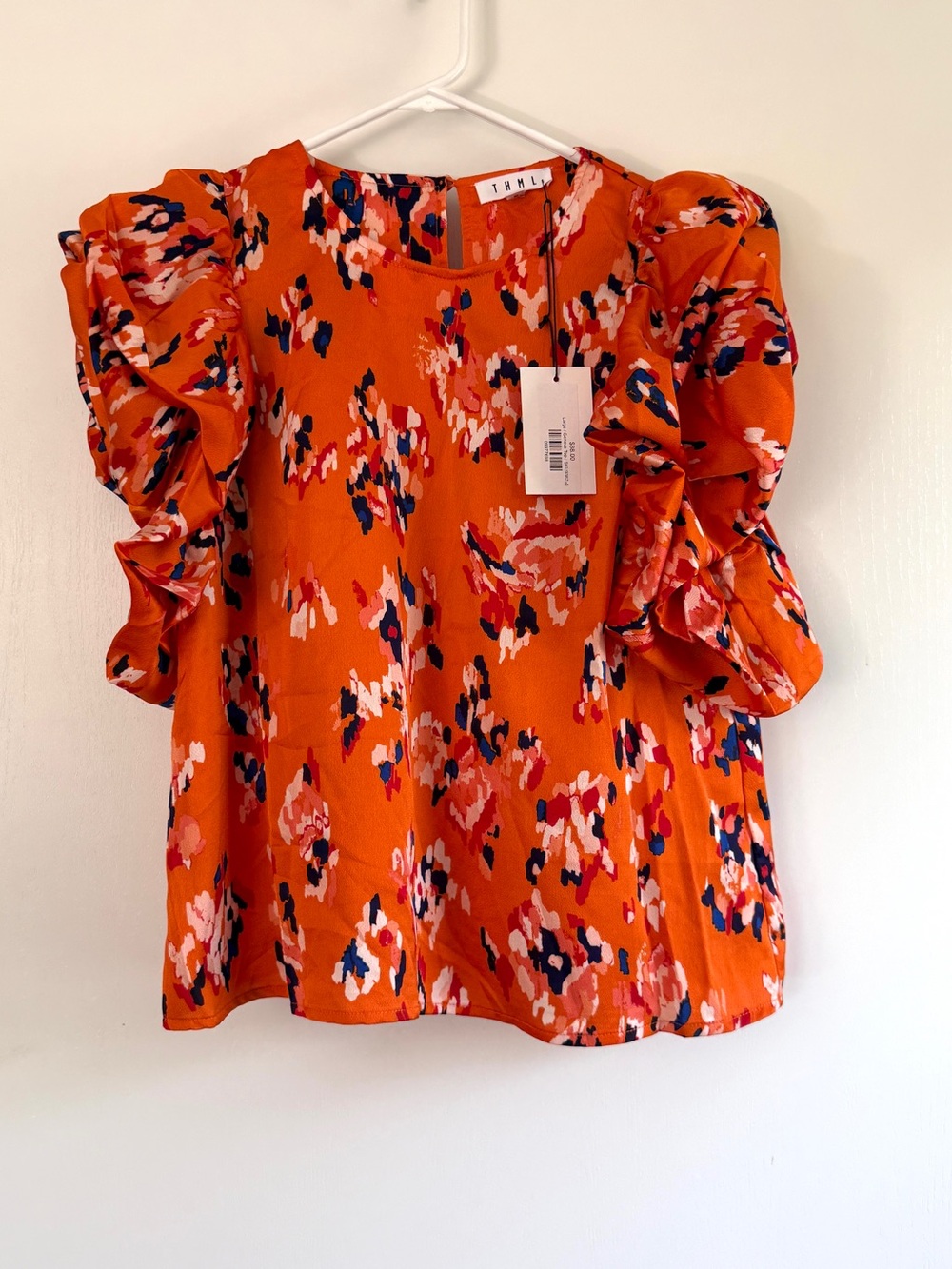 THML Orange Floral Ruffle Puff Sleeve Blouse Satiny
